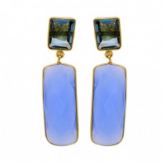Rectangle Shape Chalcedony Blue Quartz Gemstone Gold Plated Stud Dangle Earrings